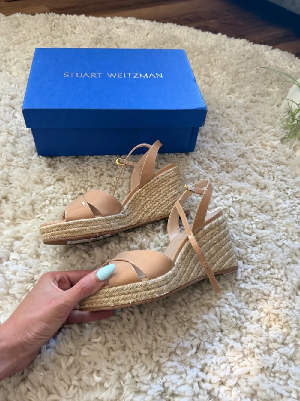 Patent leather wedge sandals NWT Stuart Weitzman Patent Nude/Tan Espadrille Wedg